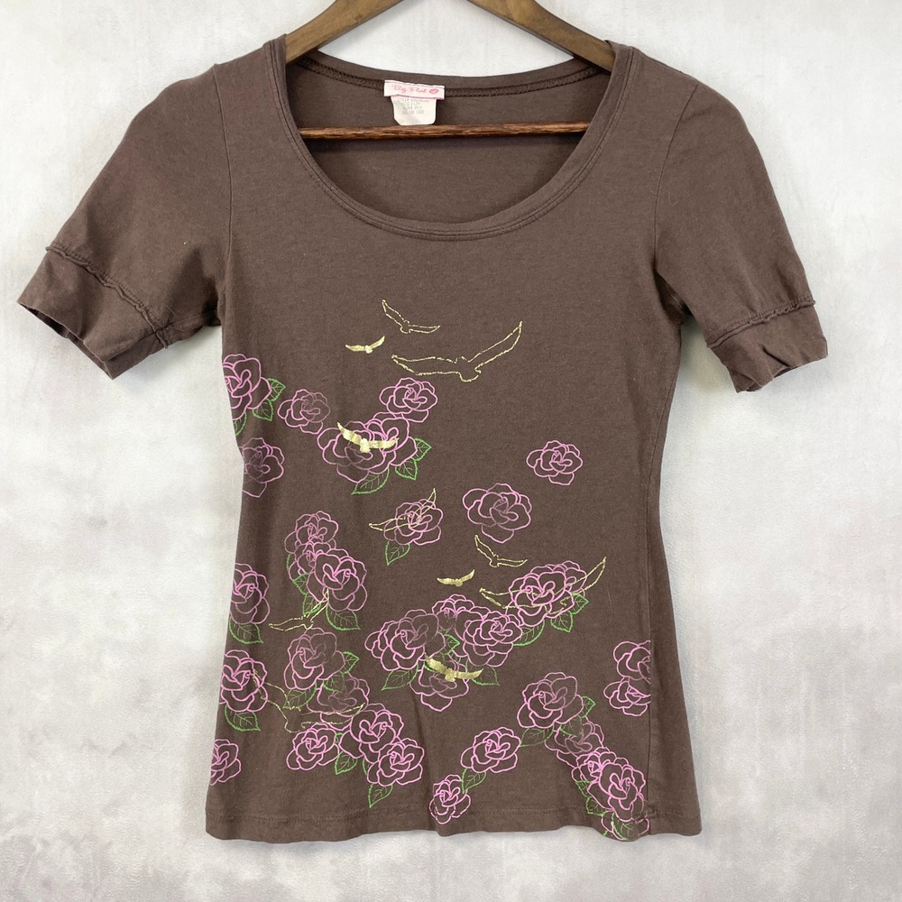 Y2K Big Flirt Baby Tee Top Womens Medium Rose Bird Graphic Stretch Indie Grunge‎